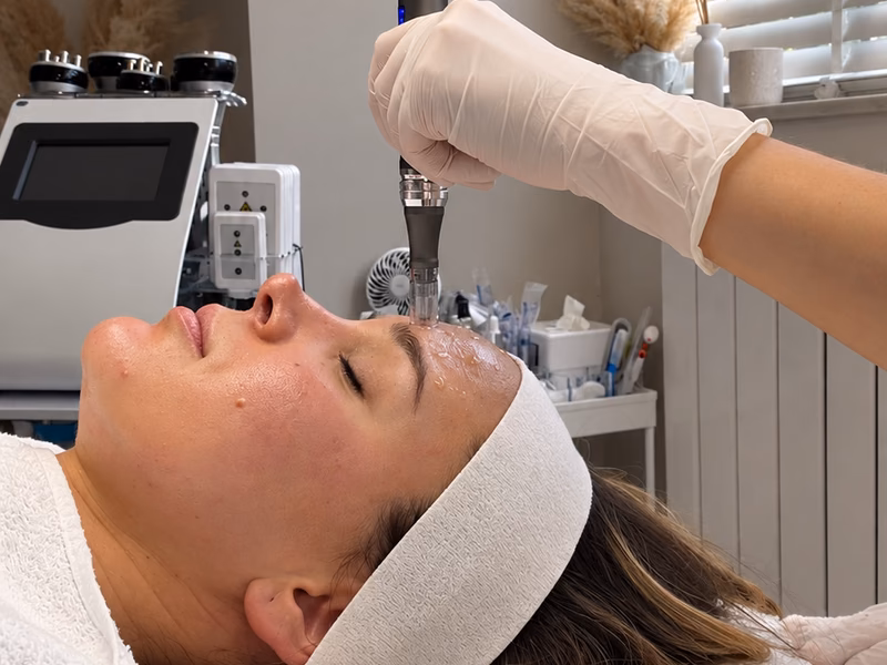 A facial handpiece being used during a collagen-boost treatment